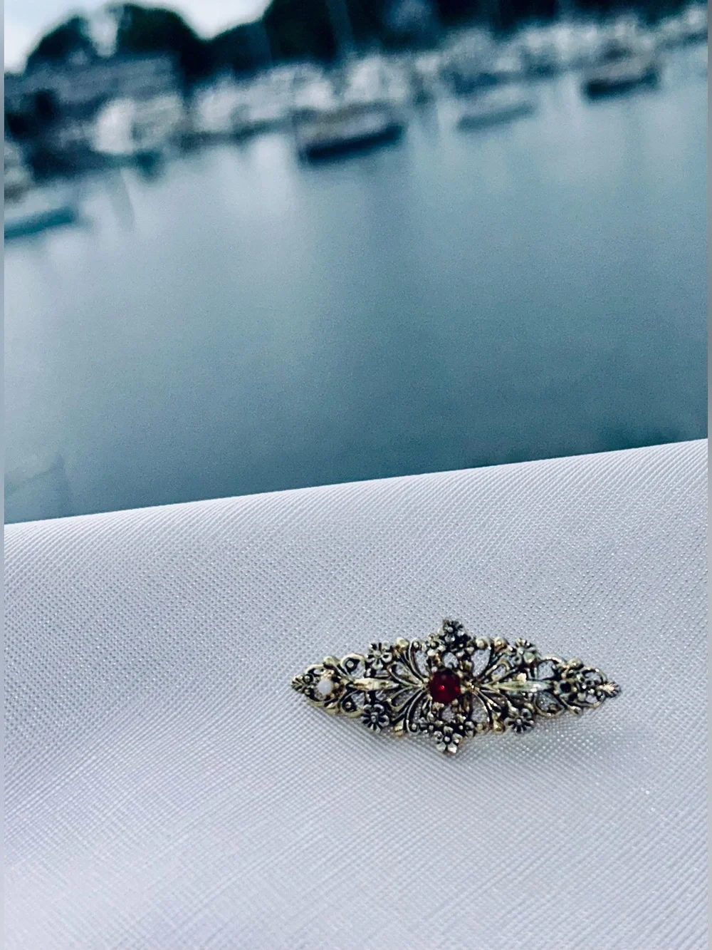 Ornate Gold-Tone Vintage Gorgeous Brooch with Red Gem Center
